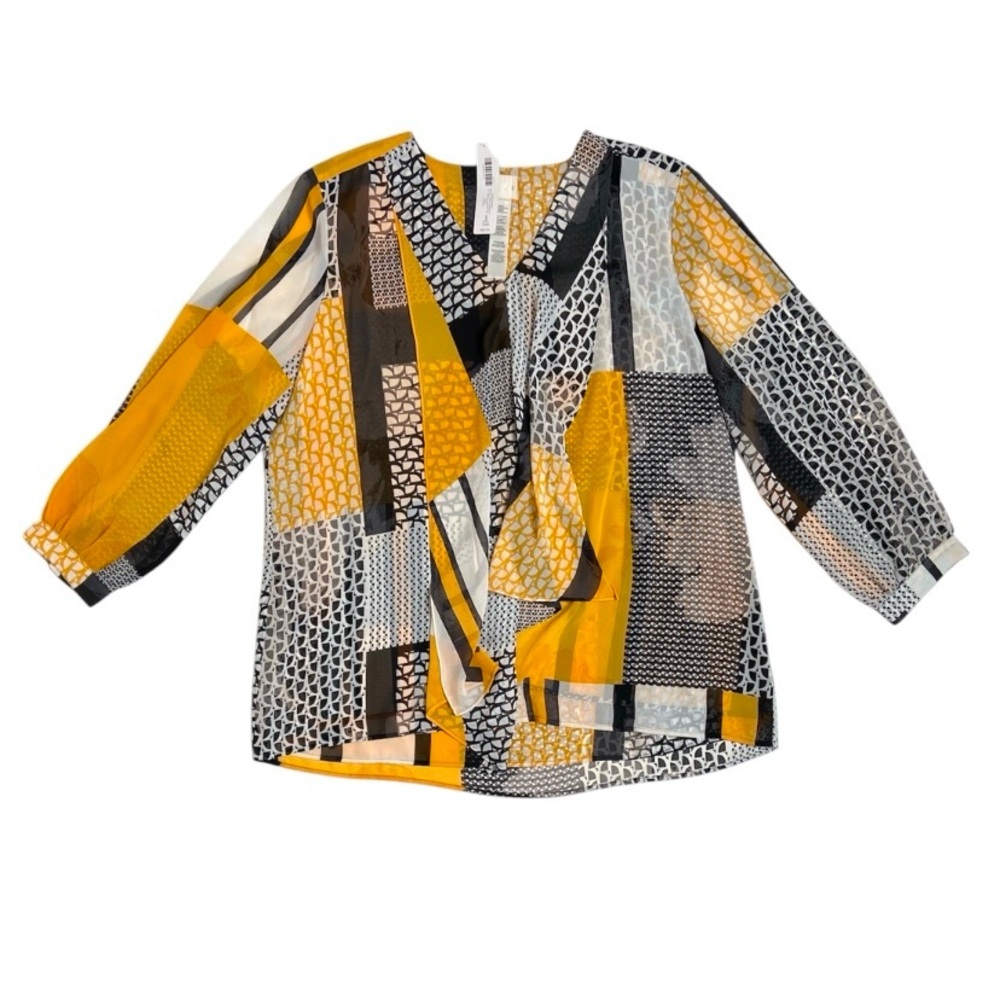 Chico’s Yellow & Black Block Design Ruffle Front Blouse Chico’s Size 3 Petite